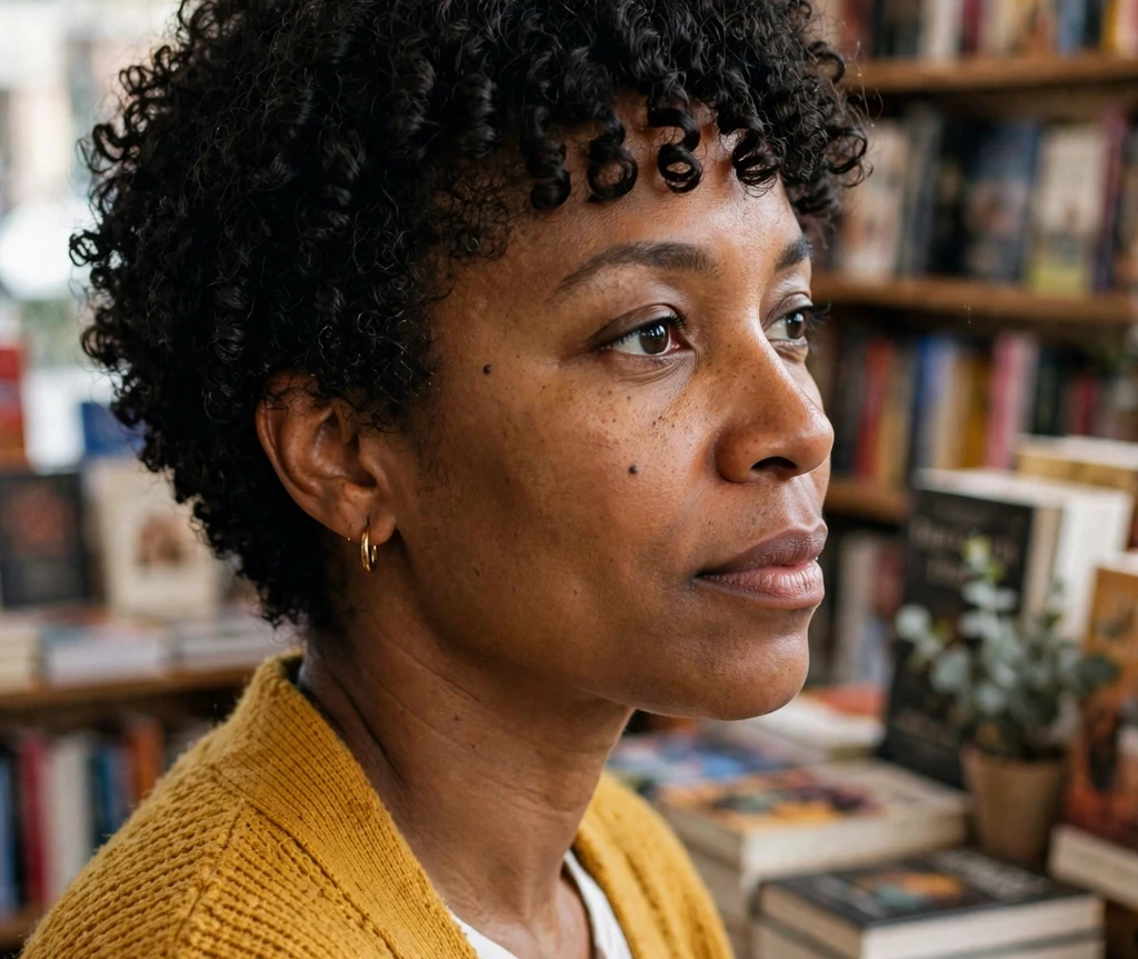 Black woman with a curly cut and full curly fringe