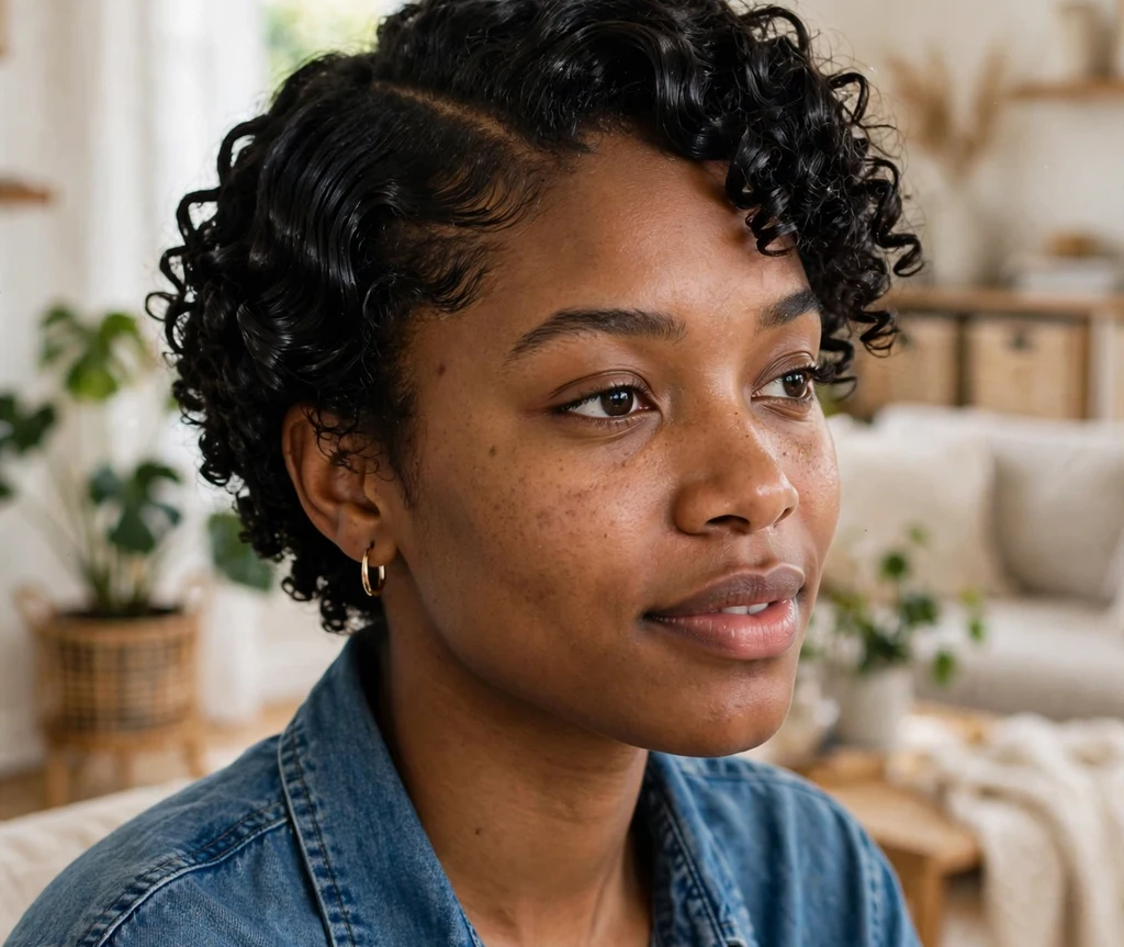 Black woman with a short wash-and-go styled with a side part