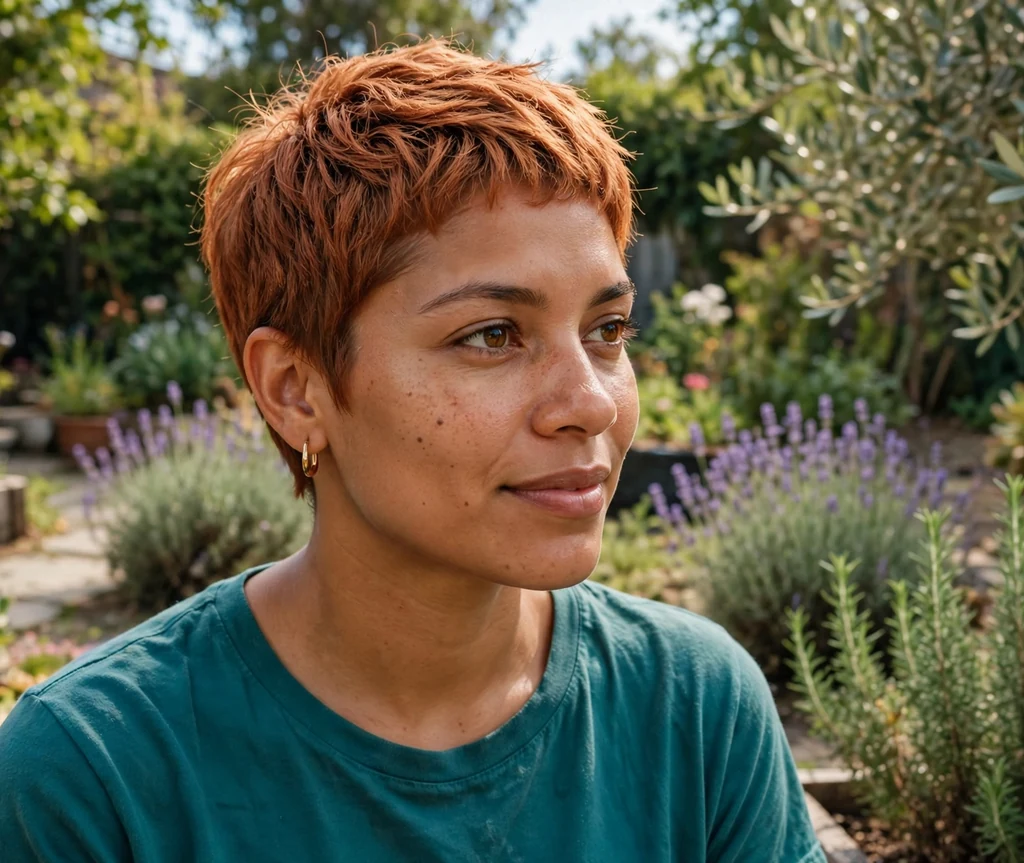 Woman with a textured copper pixie haircut in a sunlit garden
