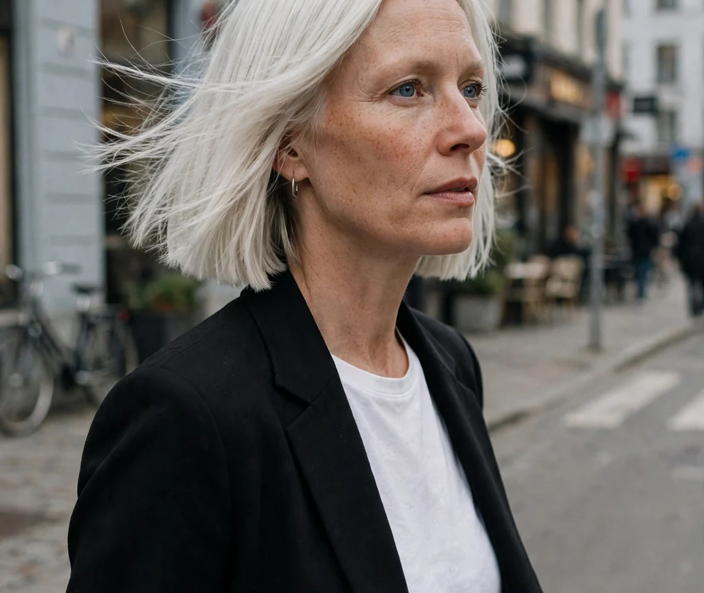 Woman with an icy platinum blunt bob on a city street