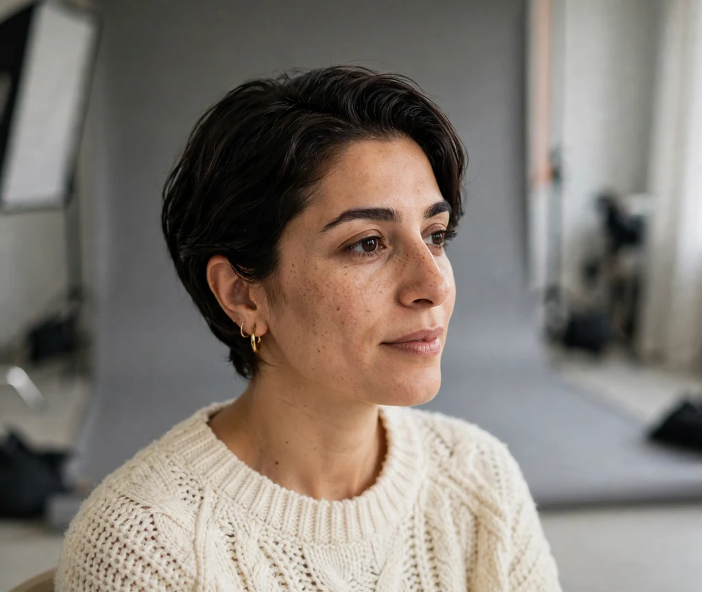 Woman with a glossy espresso short crop in a studio setting