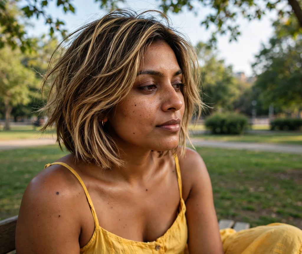 Woman with a layered bob with honey blonde highlights in a park