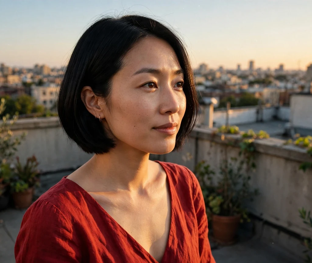 Woman with a sleek jet black bob at a rooftop at golden hour