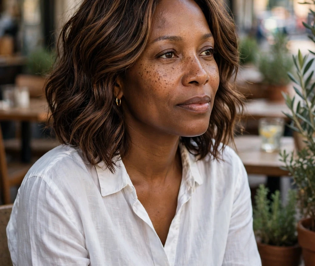 Woman with a chocolate balayage short lob in a cafe