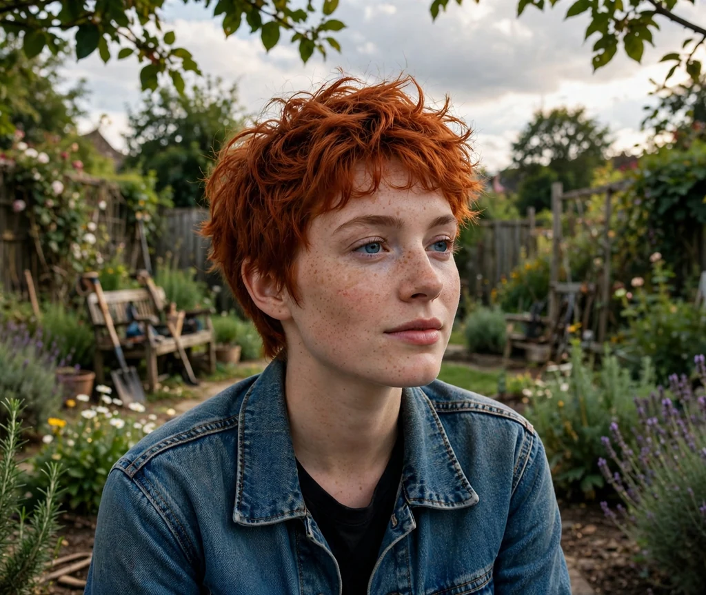 Woman with a fiery red textured short shag in a garden