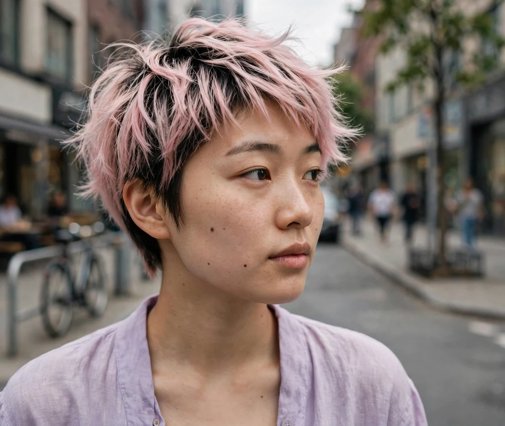 Woman with a pixie with pastel pink tips on a city street