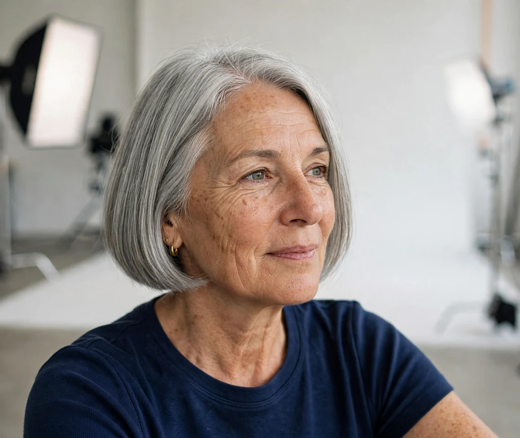Woman with a silver gray blunt bob in a studio