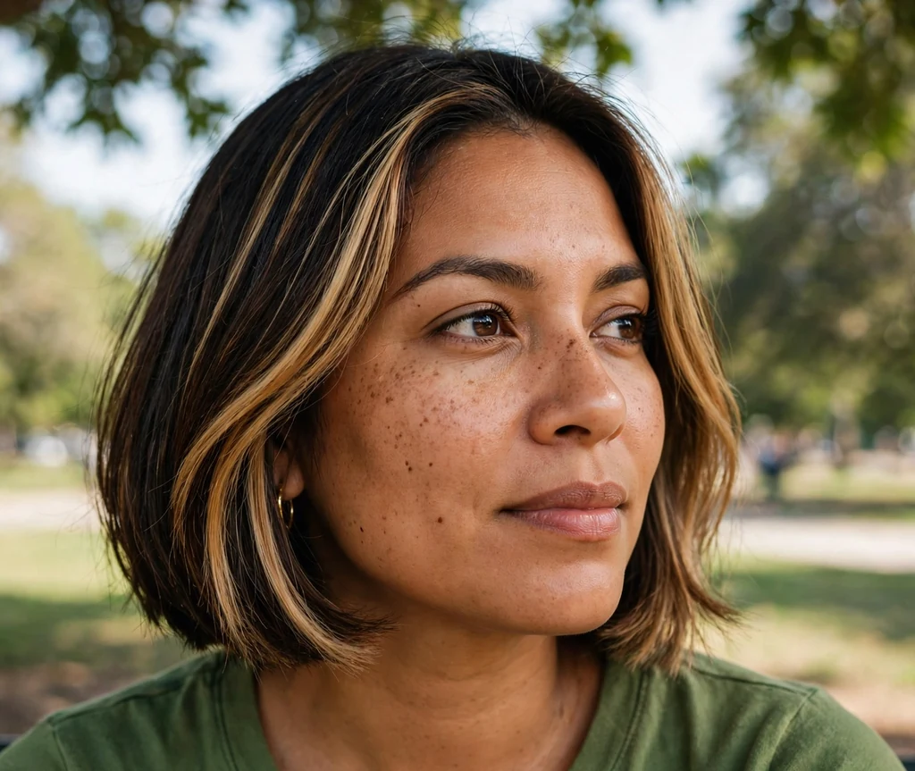 Woman with a bob featuring caramel money piece highlights in a park