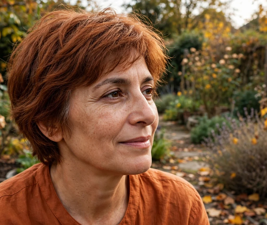 Woman with a warm auburn short shag in autumn light