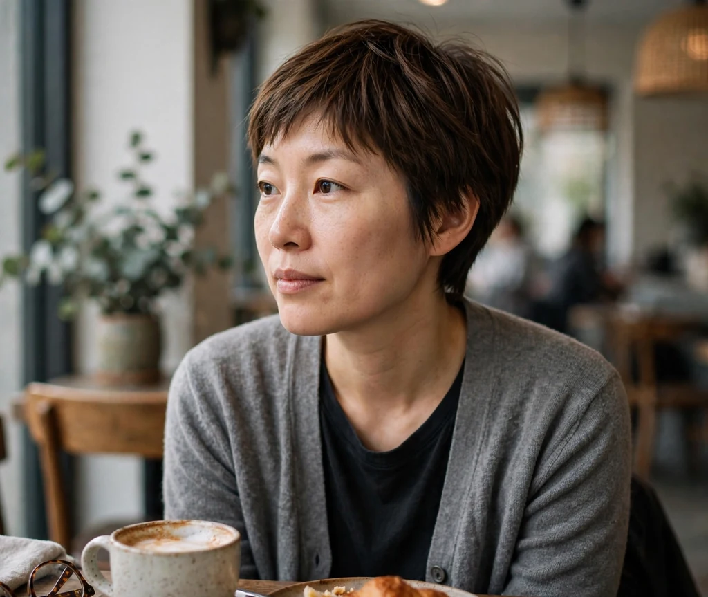 Woman with a mushroom brown short crop in a cafe