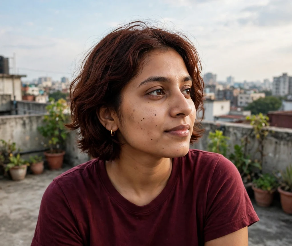 Woman with a cherry cola colored short lob on a rooftop