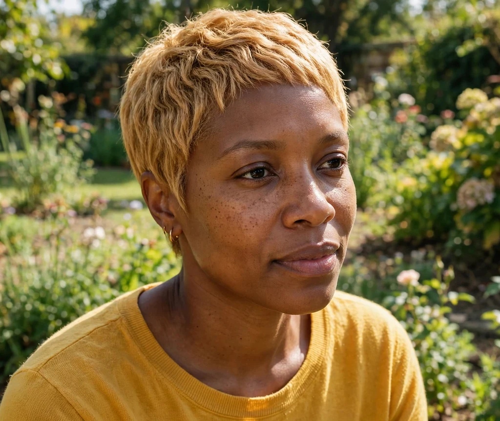Woman with a golden bronde pixie in a sunlit garden