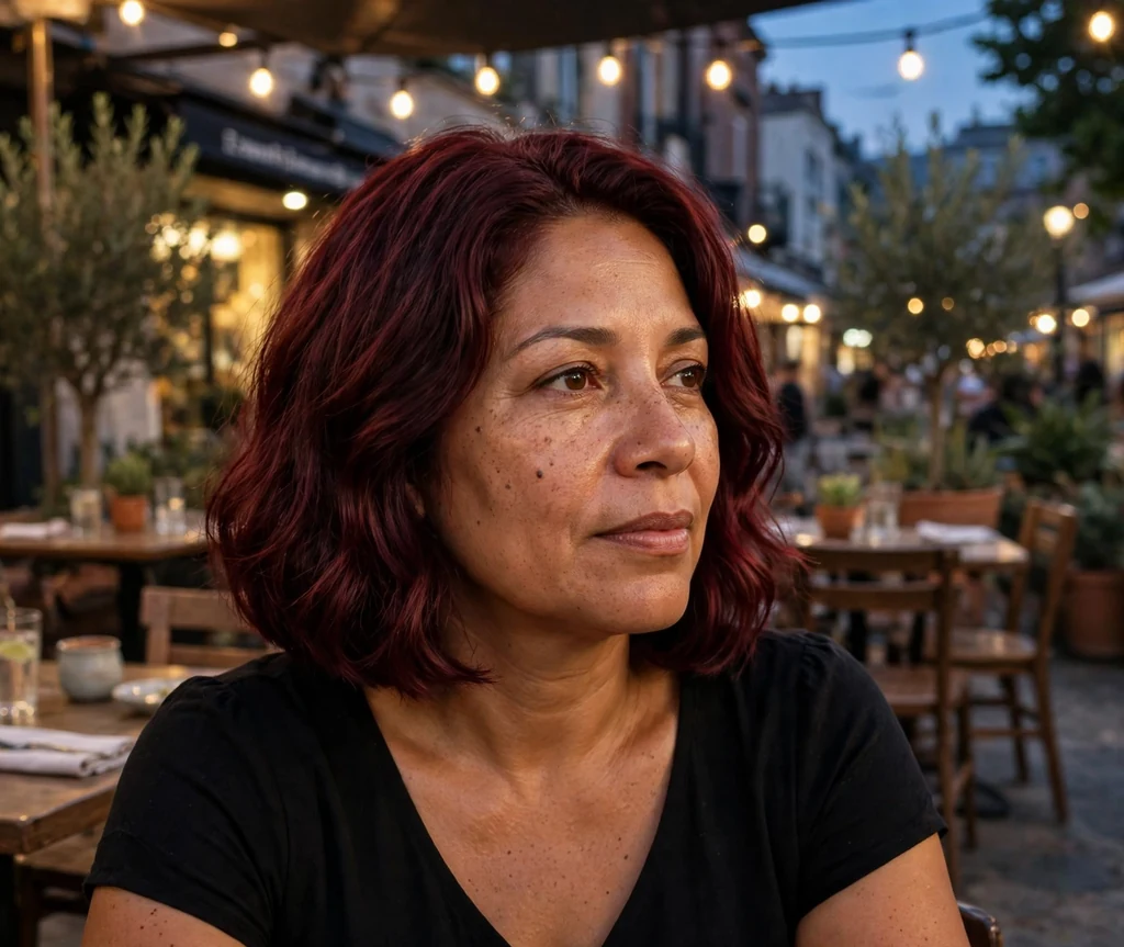 Woman with a deep burgundy bob at a cafe in the evening