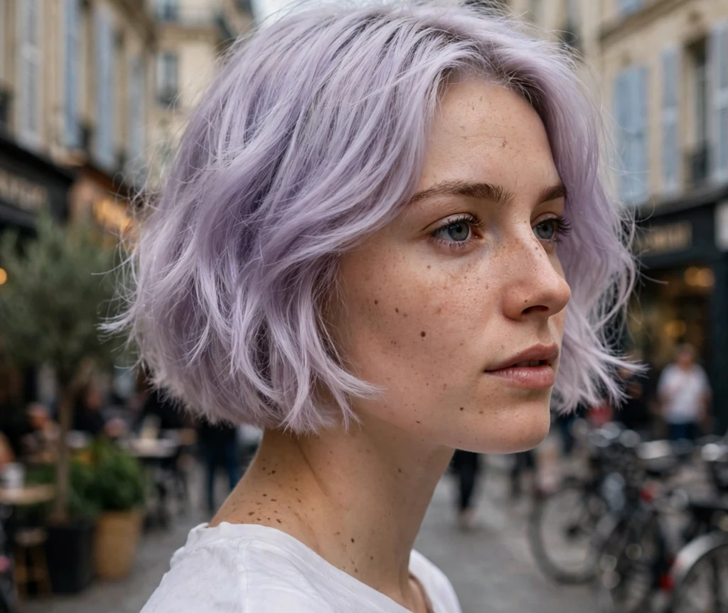 Woman with a lilac frost French bob on a city street