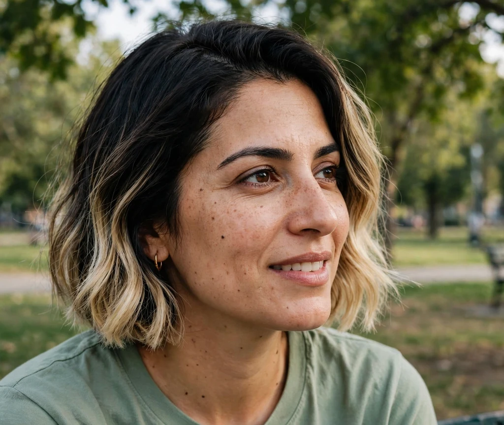 Woman with a toasted coconut balayage bob in a park