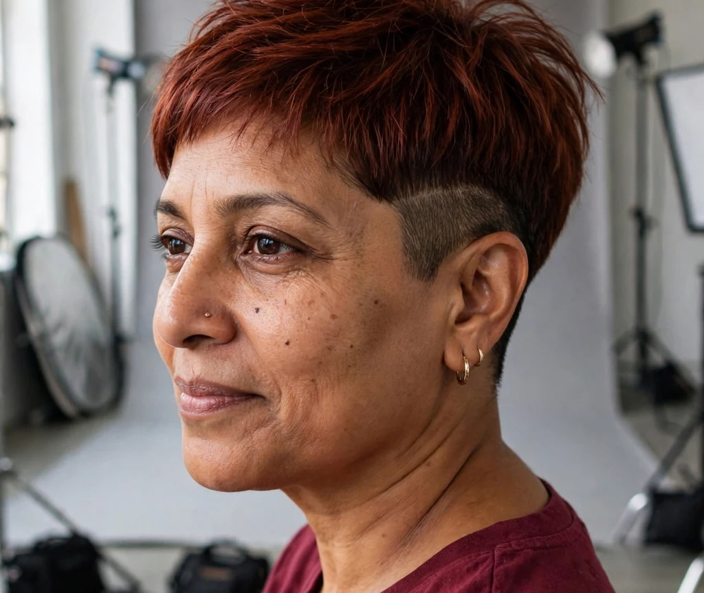 Woman with a mahogany undercut pixie in a studio