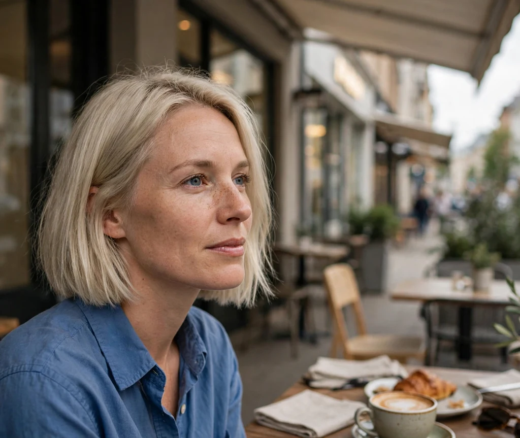 Woman with a cool beige blonde bob in a cafe
