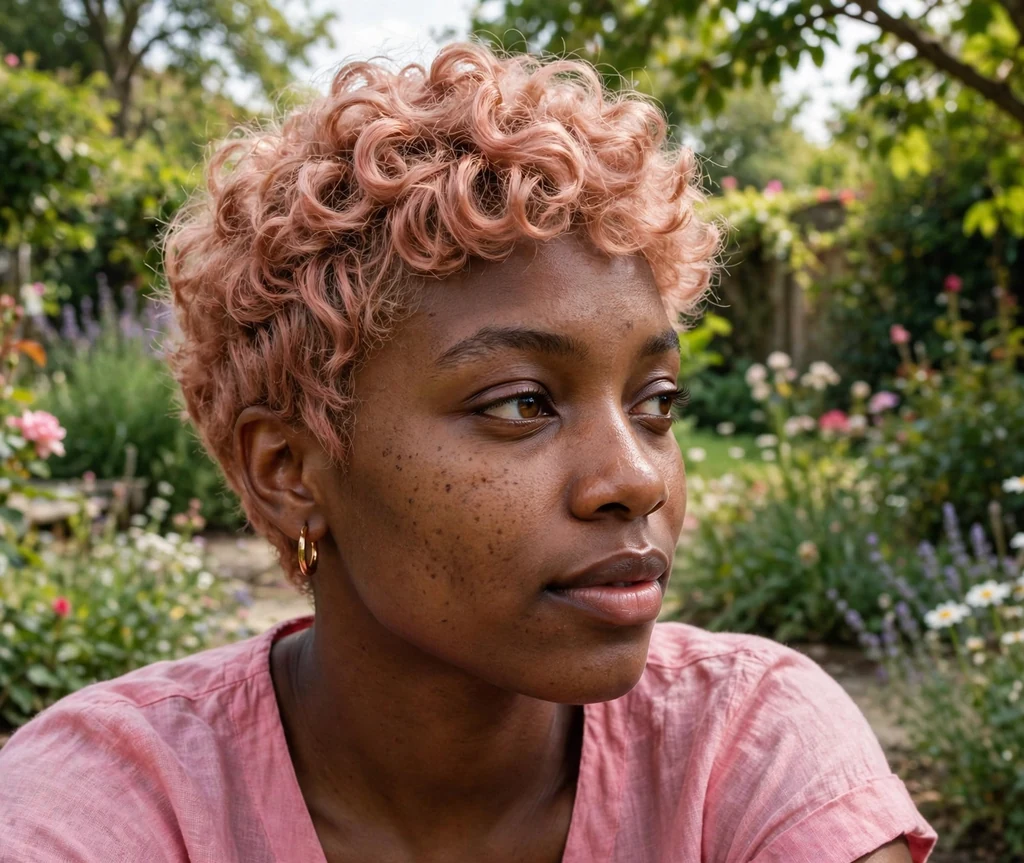 Woman with a rose gold curly pixie in a garden