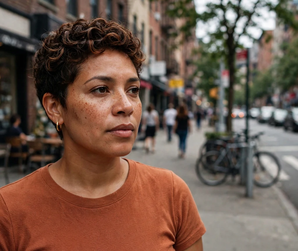 Woman with a chocolate crop with cinnamon ribbon highlights on a city street
