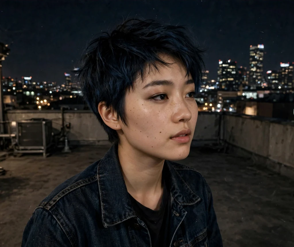 Woman with a smoky blue-black pixie at night on a rooftop