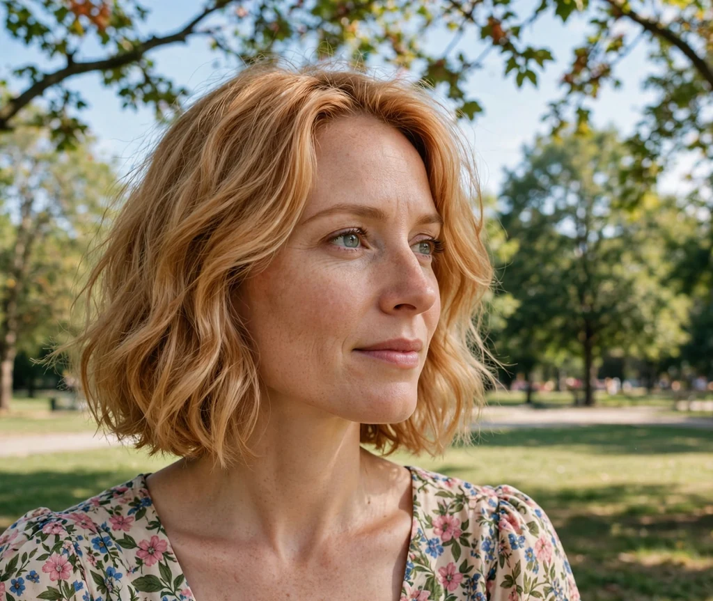 Woman with a strawberry blonde textured bob in a sunlit park