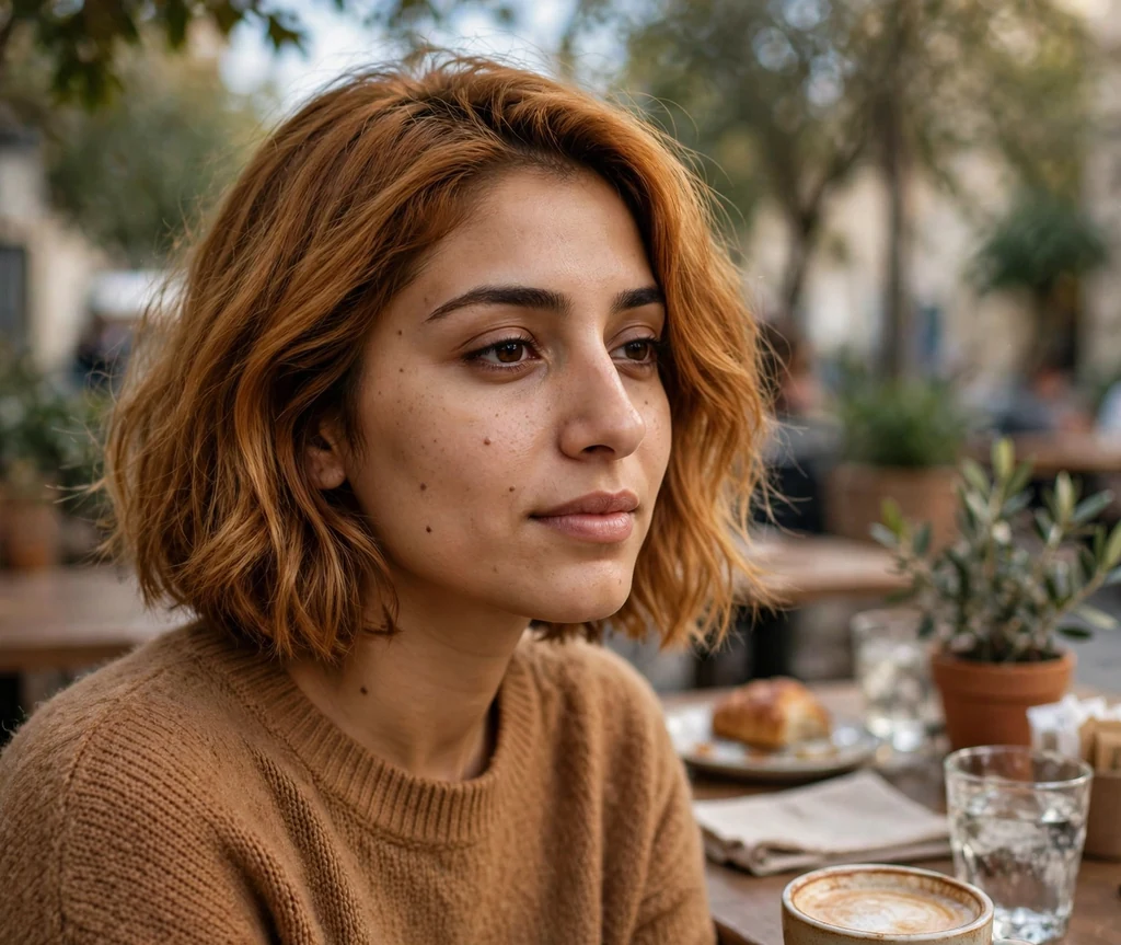 Woman with a molten caramel lob in a cafe