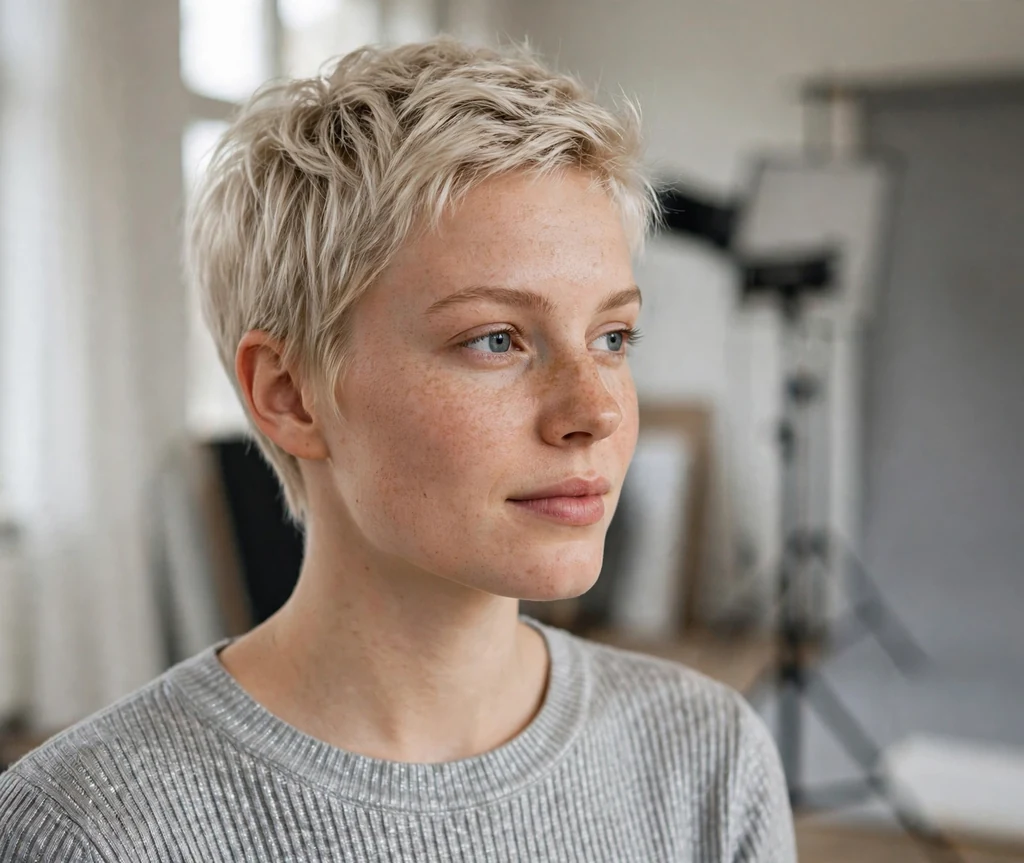 Woman with a pearl blonde pixie in a studio