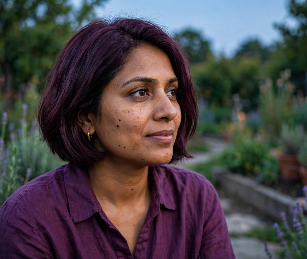 Woman with a rich plum bob in a garden at dusk