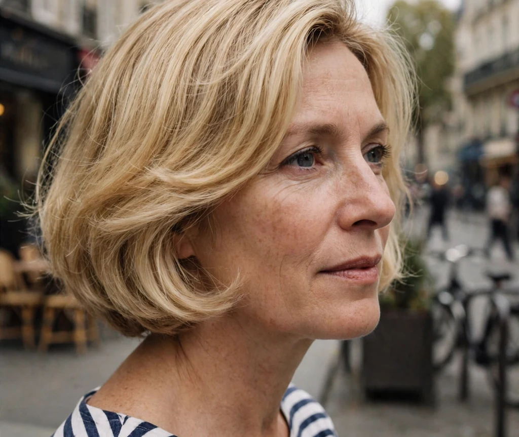 Woman with a buttery blonde French bob on a city street