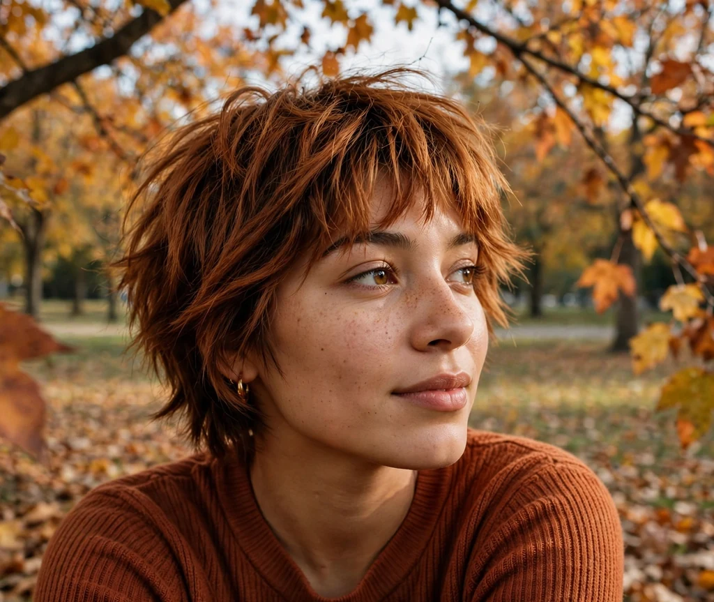Woman with a cinnamon spice short shag in autumn foliage