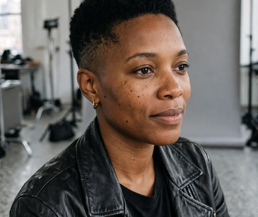 Woman with a buzzed-side jet black crop in a studio