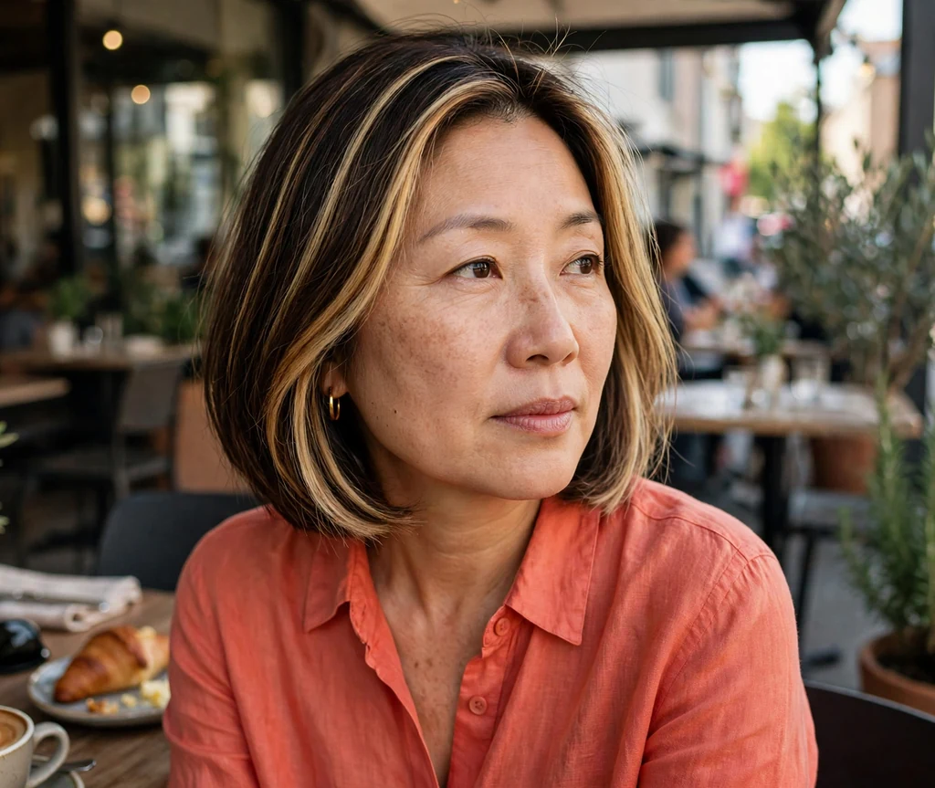 Woman with a bob with honey face-framing highlights in a cafe