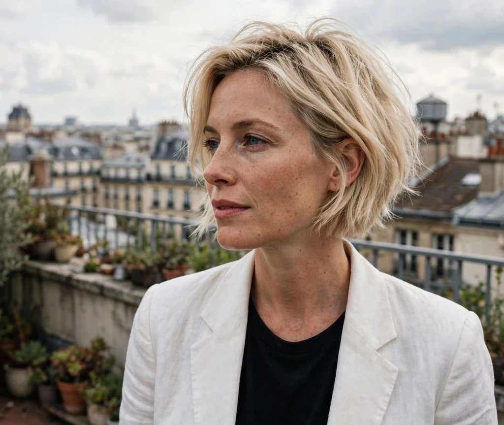 Woman with a champagne blonde asymmetric crop on a rooftop