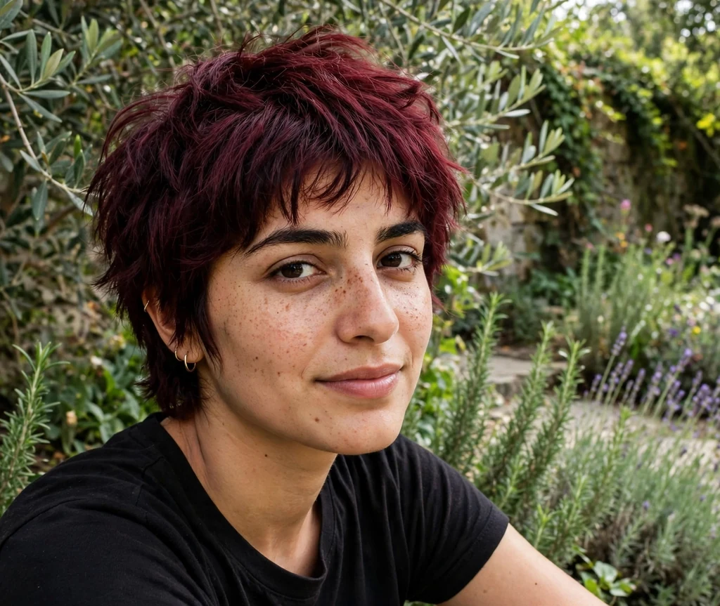Woman with a merlot red short shag in a garden