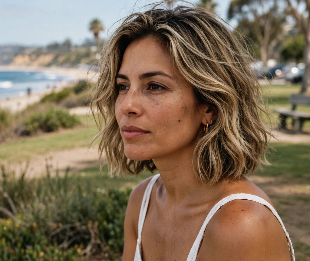 Woman with a sun-kissed bronde bob at a beach park