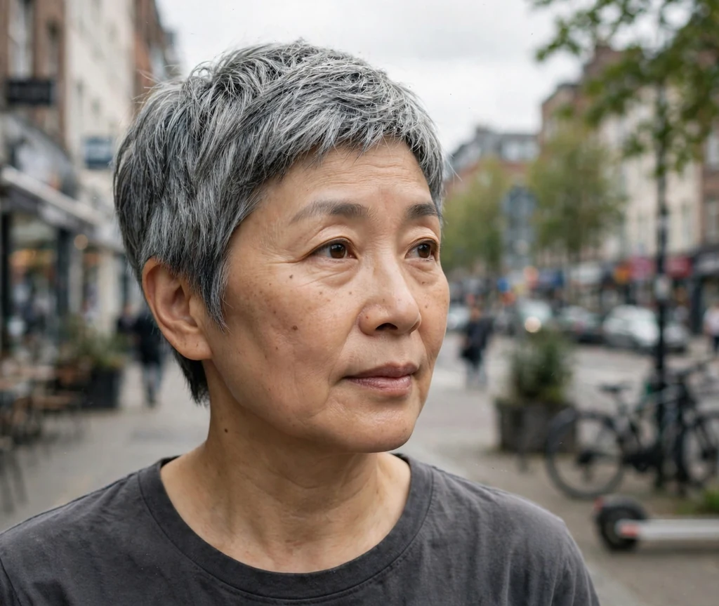Woman with a graphite gray pixie on a city street