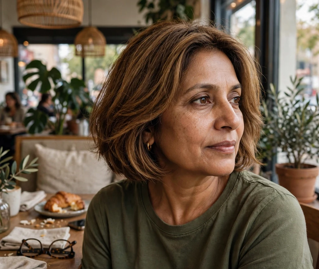 Woman with a warm hazelnut layered bob in a cafe