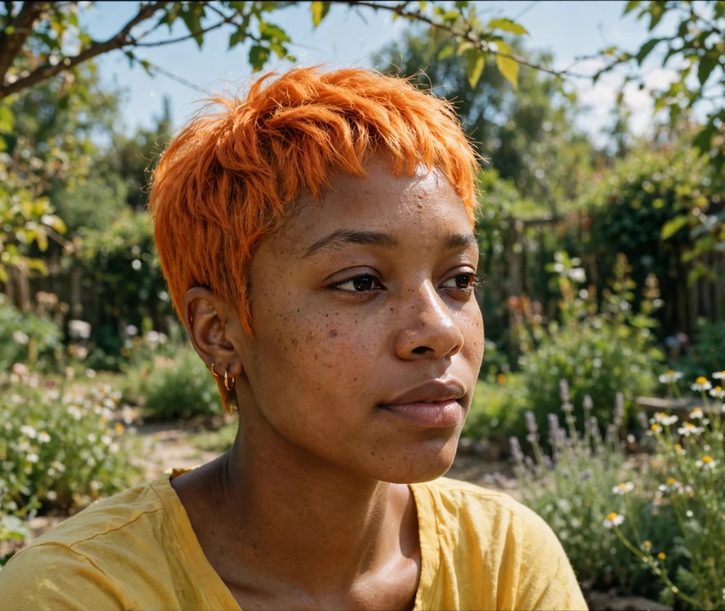 Woman with a tangerine orange pixie in a sunlit garden