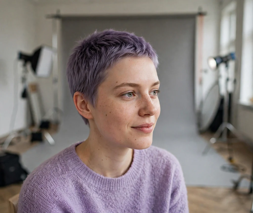 Woman with a dusty lavender short crop in a studio
