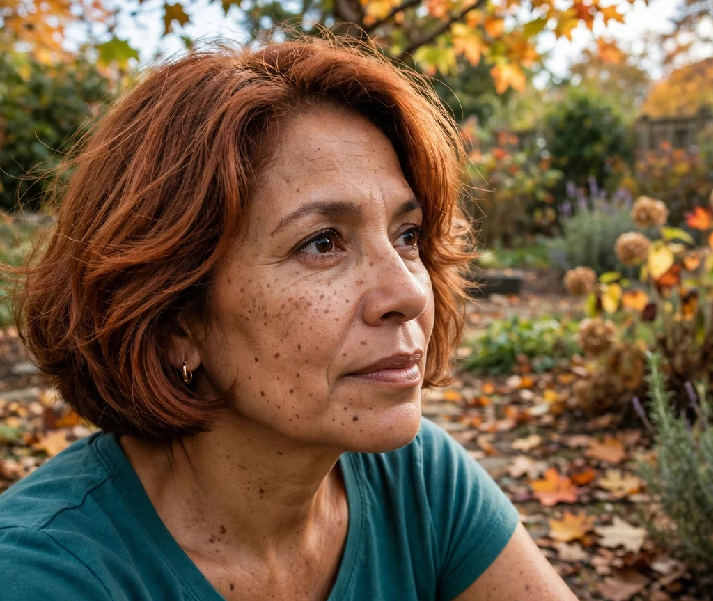 Woman with a copper penny bob in autumn light
