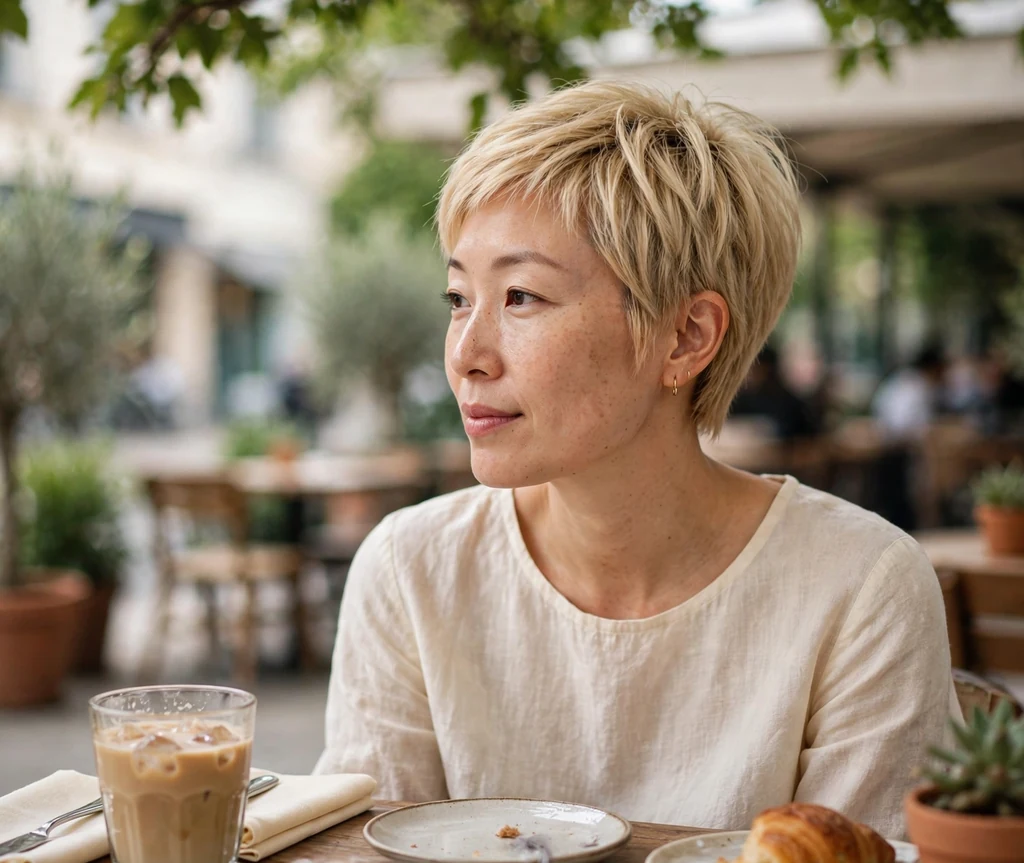 Woman with an iced latte blonde pixie in a cafe