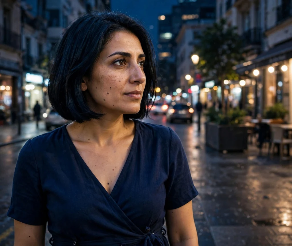 Woman with a midnight blue-black bob at night in the city