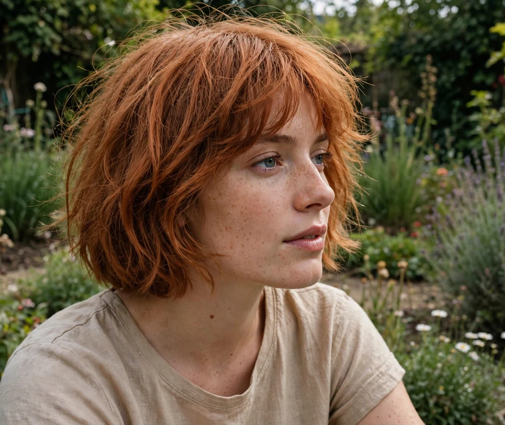 Woman with a terracotta shaggy bob in a garden