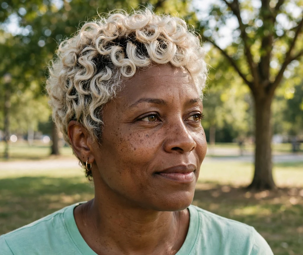 Woman with a frosted blonde curly pixie in a sunlit park