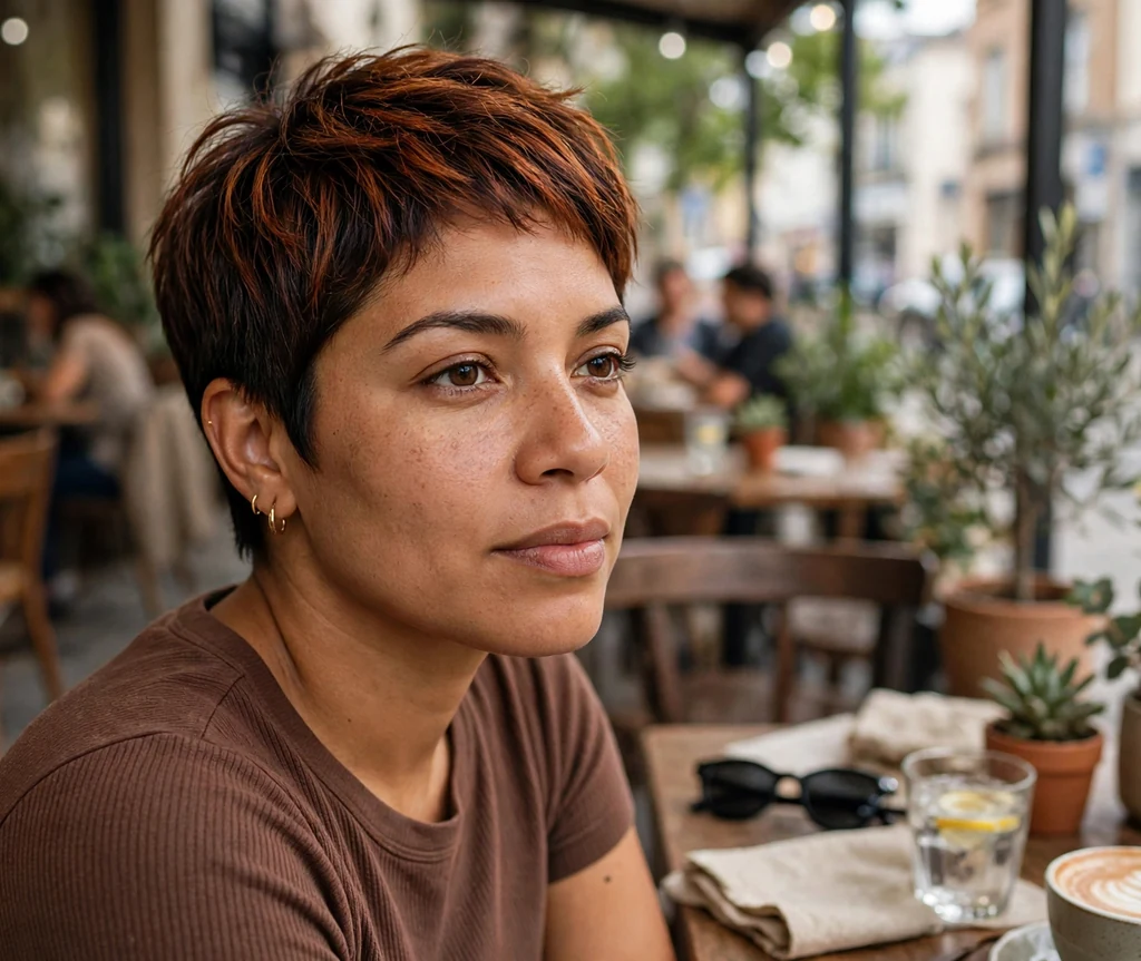 Woman with a chestnut balayage short crop in a cafe