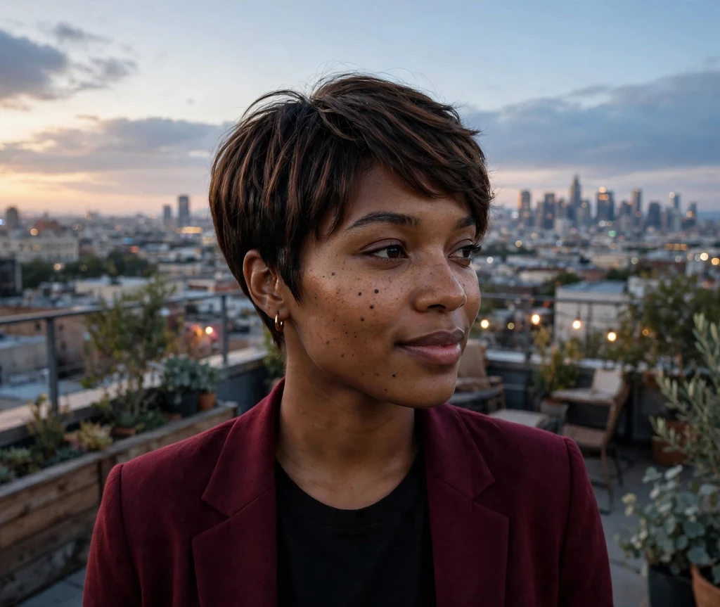 Black woman in her late 20s with an espresso-brown tapered pixie haircut on a city rooftop at dusk