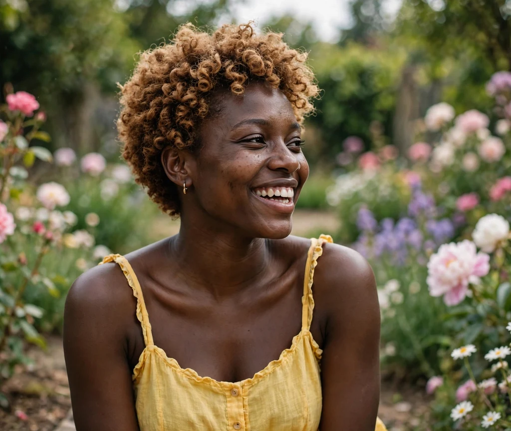 Joyful Black woman in her mid 20s with a honey-brown short curly crop and yellow sundress in a garden