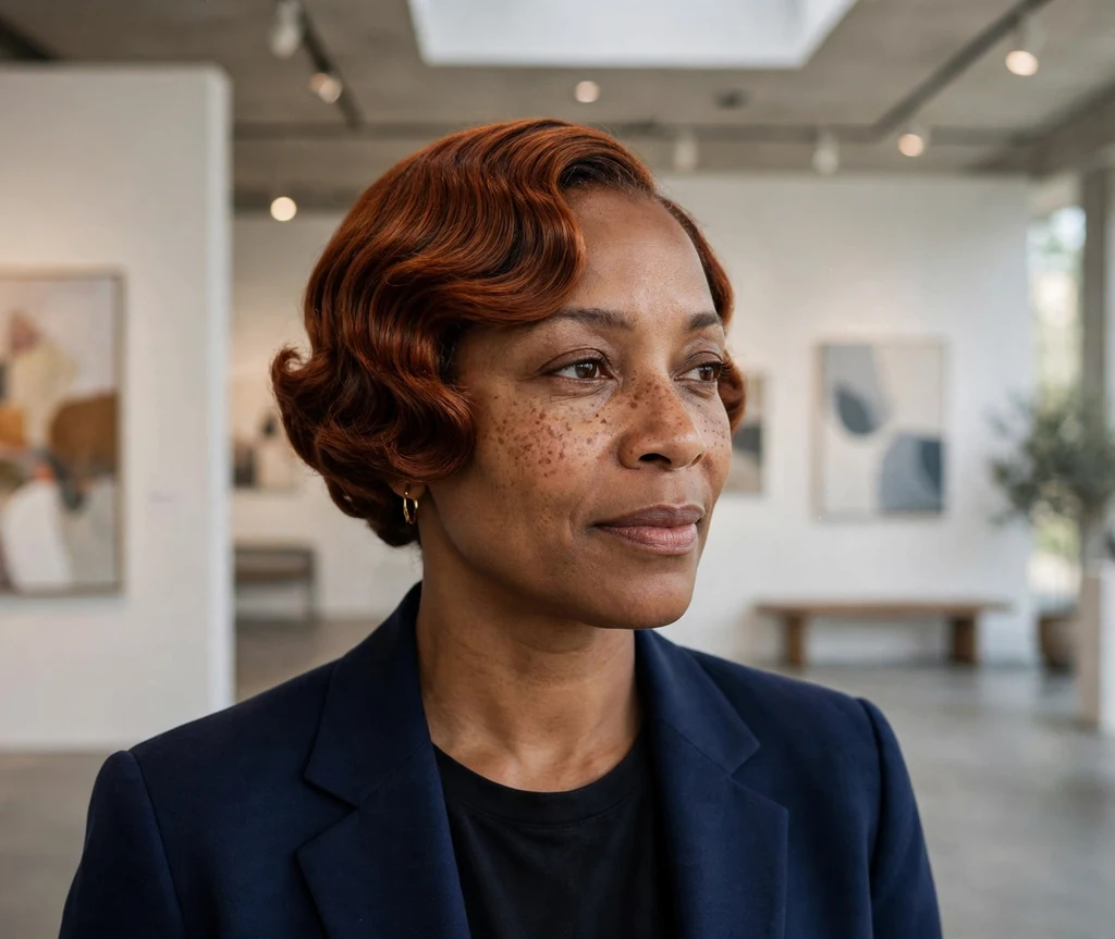 Elegant Black woman in her 40s with auburn finger waves and navy blazer in an art gallery