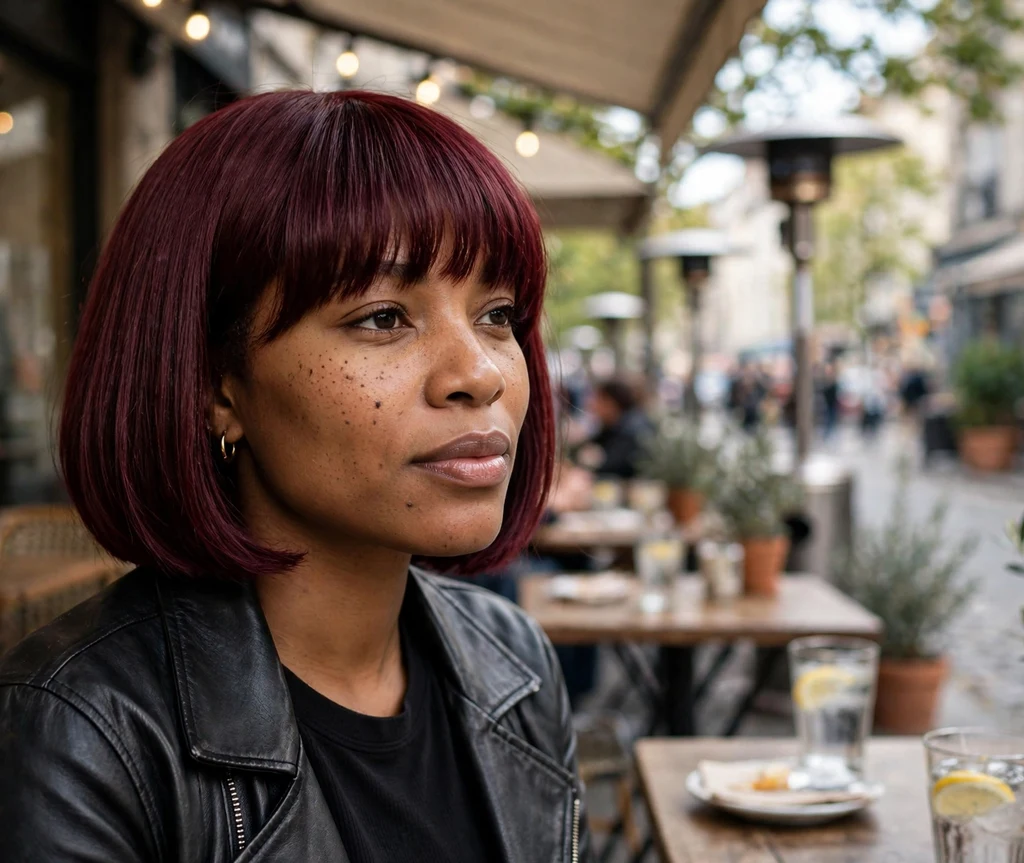 Confident Black woman in her early 30s with a burgundy chin-length bob and full bangs wearing a black leather jacket