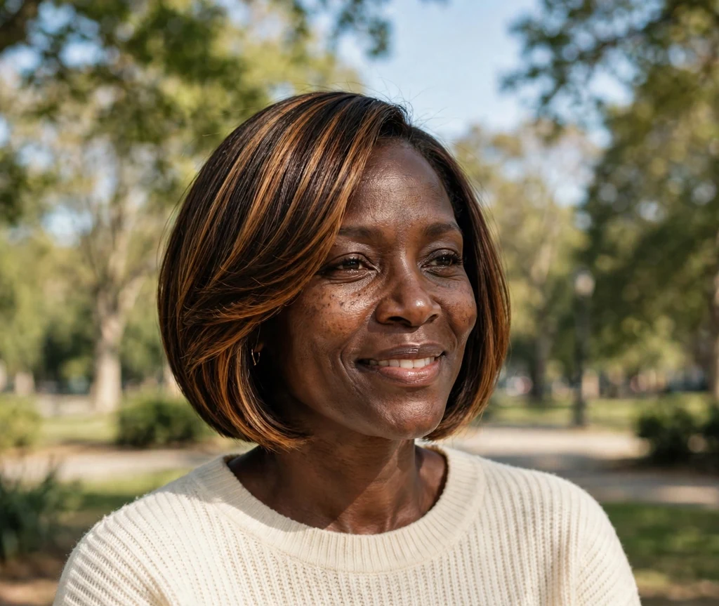 Radiant Black woman in her late 40s with a sleek short bob with caramel highlights in a sunlit park